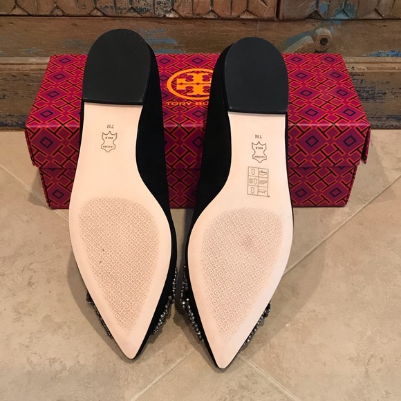 Tory Burch Esme Flat Black Suede Leather Crystal Diamond Bejeweled Shoes Size 7 - Picture 5 of 5
